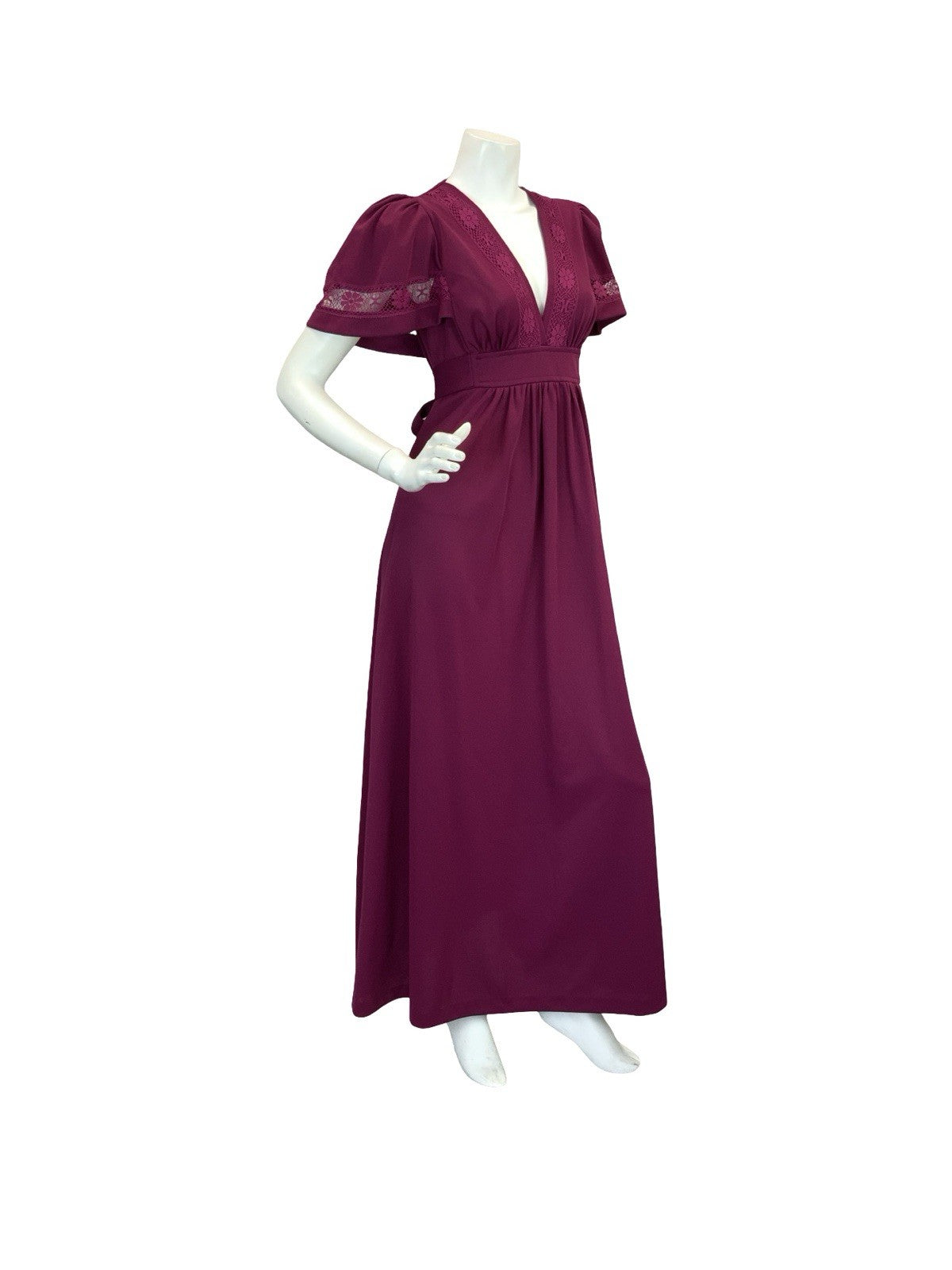 VTG 70S ROMANTIC BOHO WINE BURGUNDY PLUM CROCHET LACE MAXI DRESS 8 10