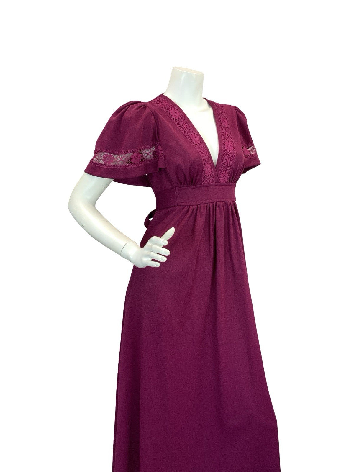VTG 70S ROMANTIC BOHO WINE BURGUNDY PLUM CROCHET LACE MAXI DRESS 8 10