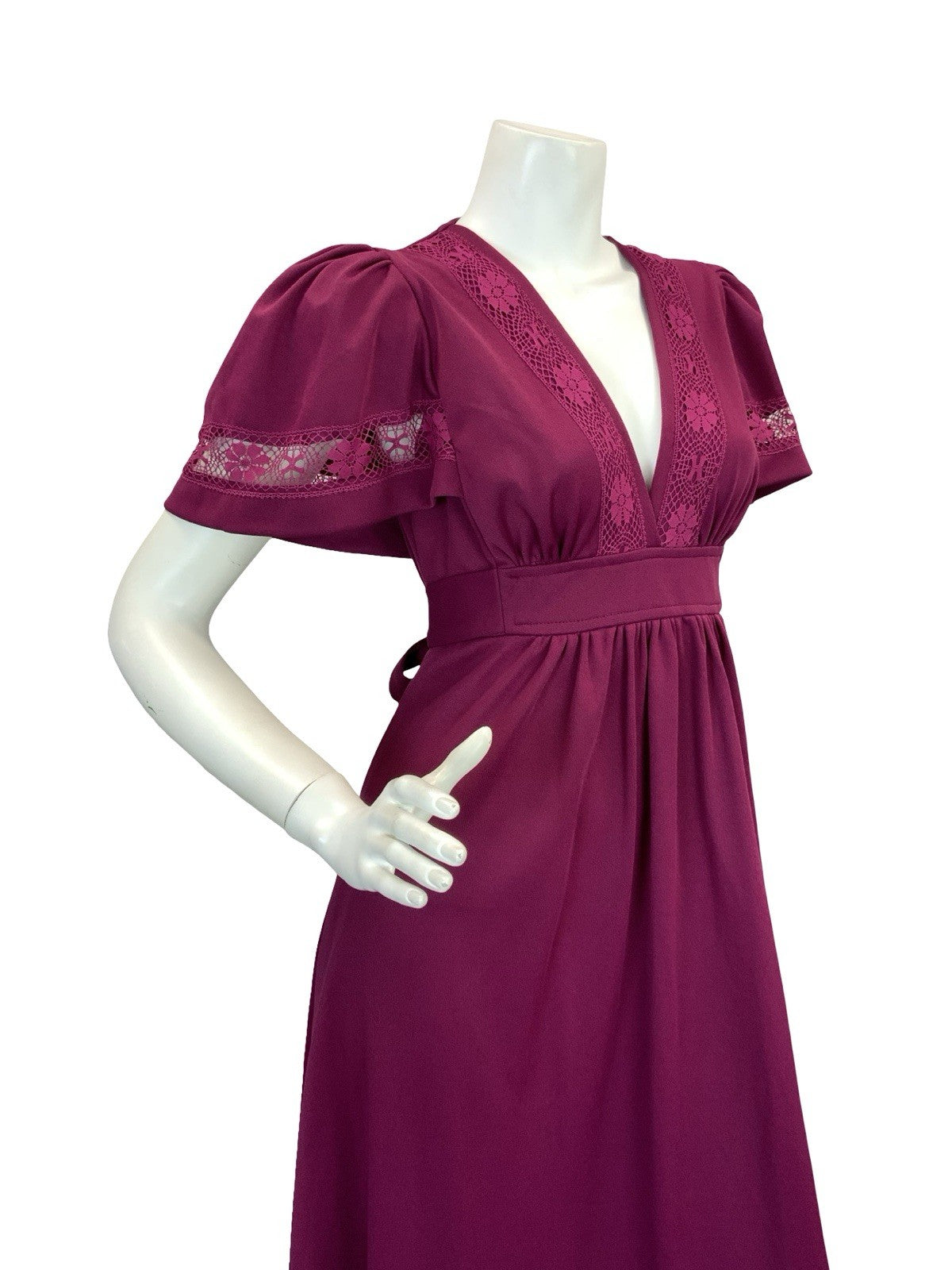 VTG 70S ROMANTIC BOHO WINE BURGUNDY PLUM CROCHET LACE MAXI DRESS 8 10