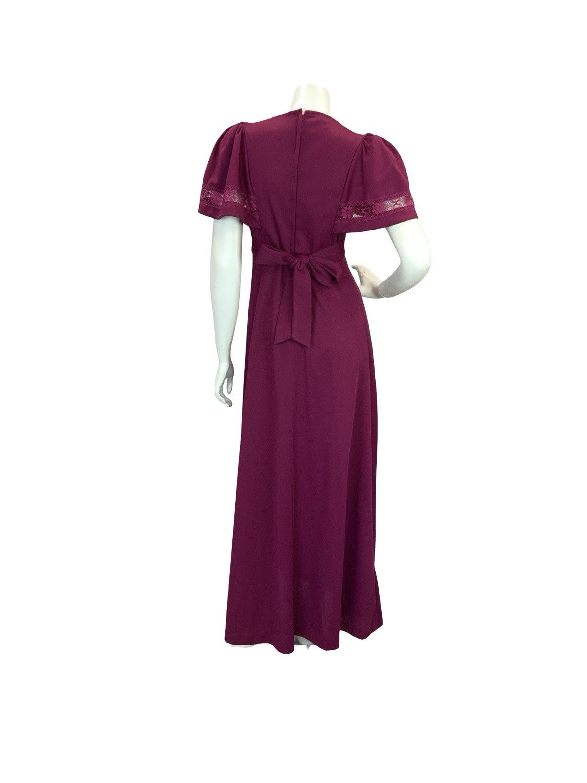 VTG 70S ROMANTIC BOHO WINE BURGUNDY PLUM CROCHET LACE MAXI DRESS 8 10