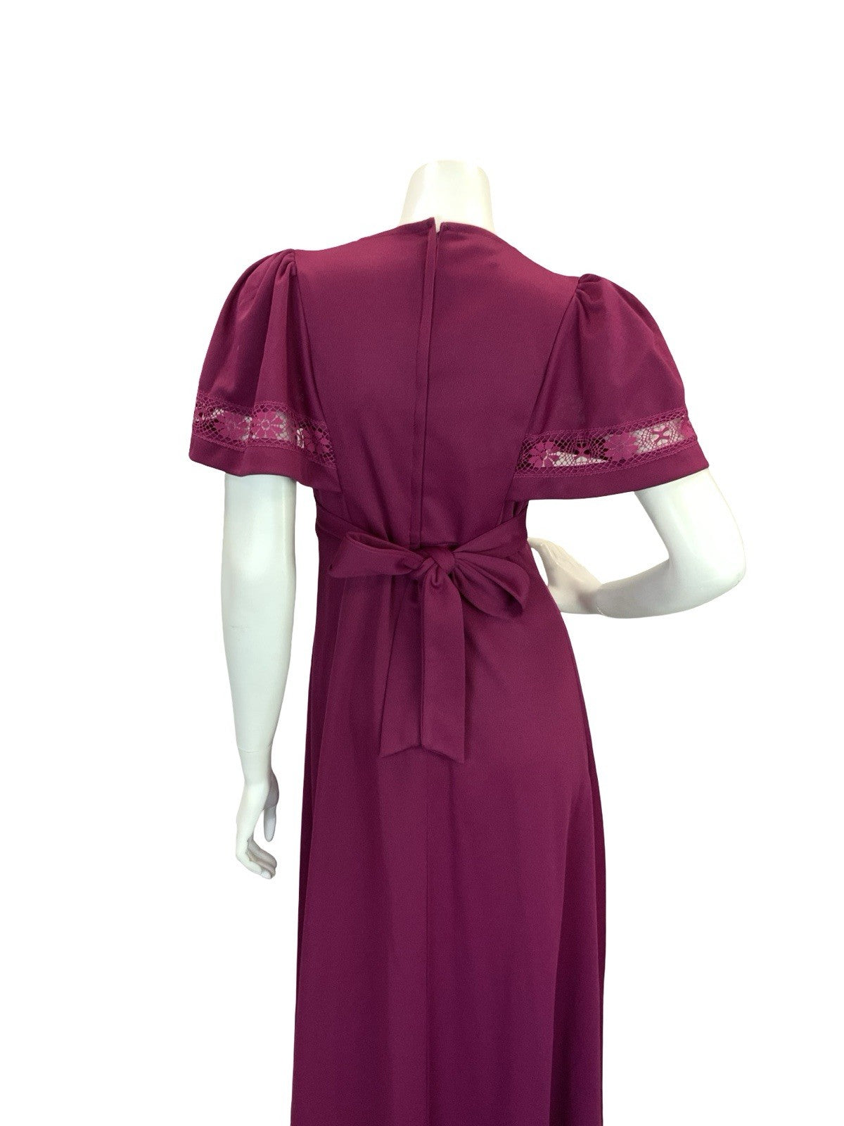 VTG 70S ROMANTIC BOHO WINE BURGUNDY PLUM CROCHET LACE MAXI DRESS 8 10