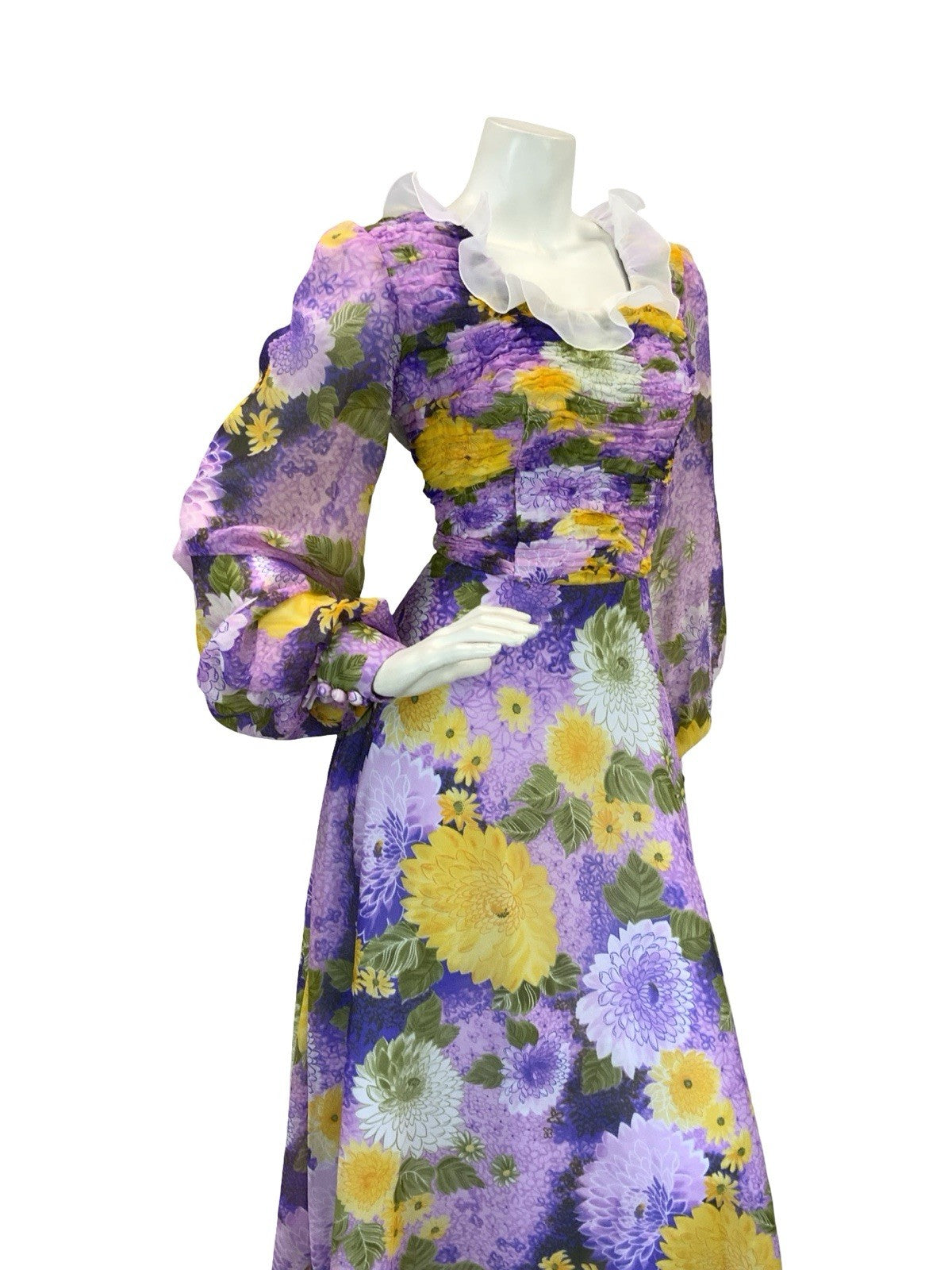VTG 70S FLORAL BISHOP SLEEVE MAXI DRESS PURPLE YELLOW PINK 10