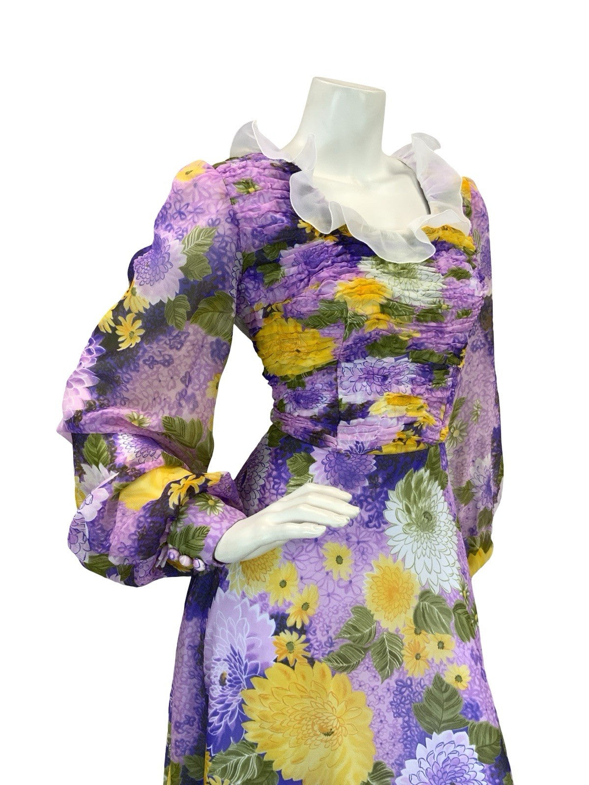 VTG 70S FLORAL BISHOP SLEEVE MAXI DRESS PURPLE YELLOW PINK 10