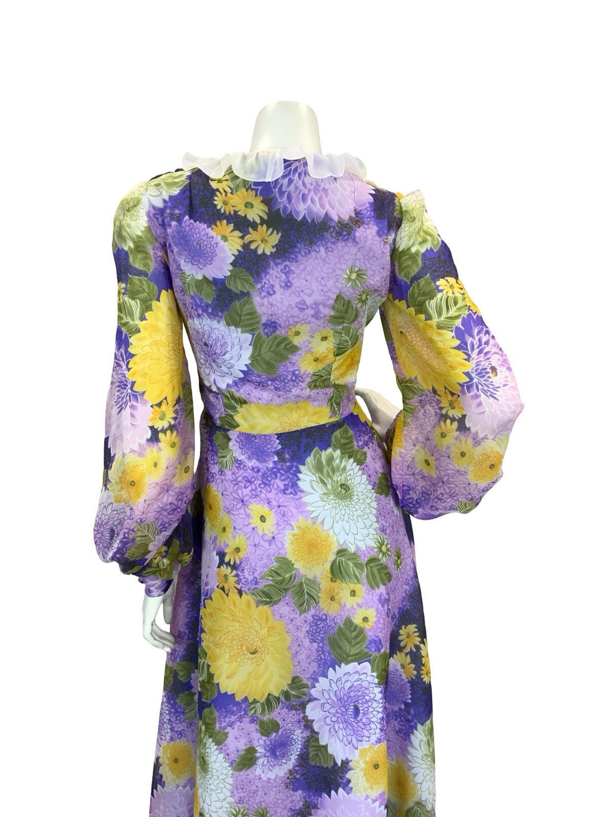 VTG 70S FLORAL BISHOP SLEEVE MAXI DRESS PURPLE YELLOW PINK 10