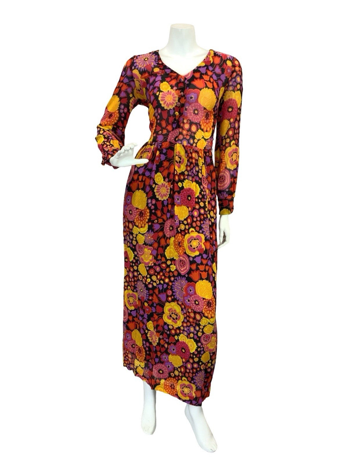 VTG 60S 70S MOD PSYCH BOHO FLORAL SHEER MAXI DRESS 8 10 12 PURPLE RED ORANGE
