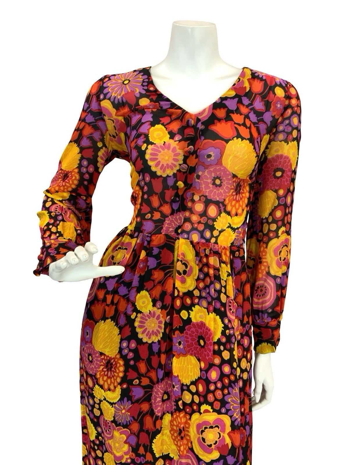 VTG 60S 70S MOD PSYCH BOHO FLORAL SHEER MAXI DRESS 8 10 12 PURPLE RED ORANGE