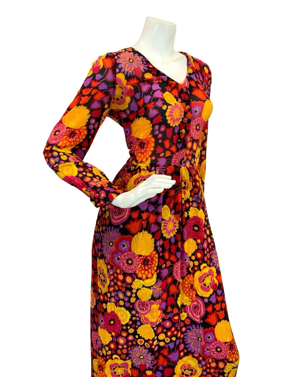 VTG 60S 70S MOD PSYCH BOHO FLORAL SHEER MAXI DRESS 8 10 12 PURPLE RED ORANGE