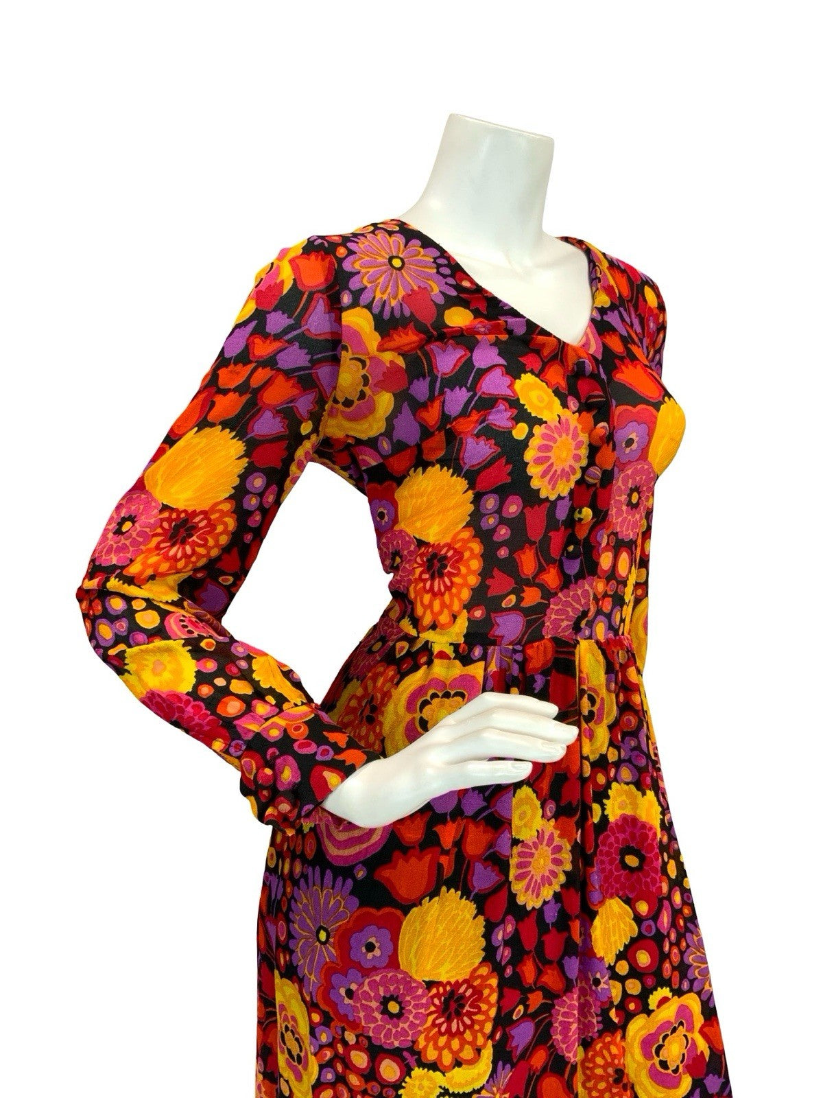 VTG 60S 70S MOD PSYCH BOHO FLORAL SHEER MAXI DRESS 8 10 12 PURPLE RED ORANGE