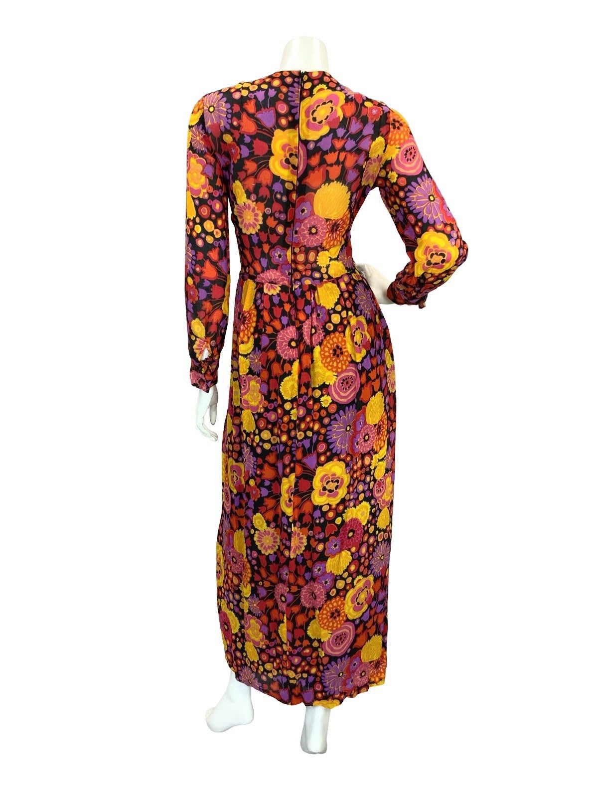 VTG 60S 70S MOD PSYCH BOHO FLORAL SHEER MAXI DRESS 8 10 12 PURPLE RED ORANGE