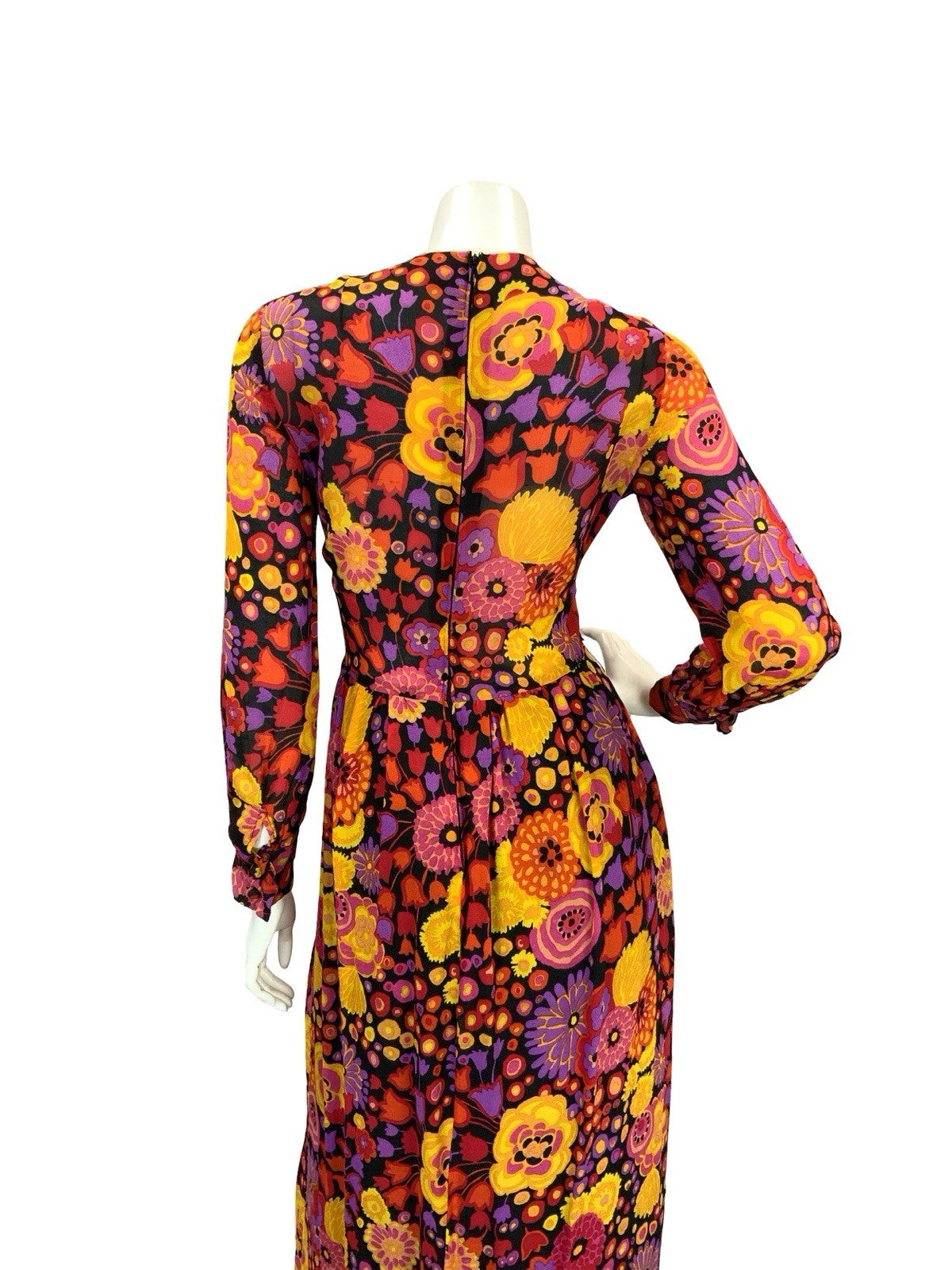 VTG 60S 70S MOD PSYCH BOHO FLORAL SHEER MAXI DRESS 8 10 12 PURPLE RED ORANGE