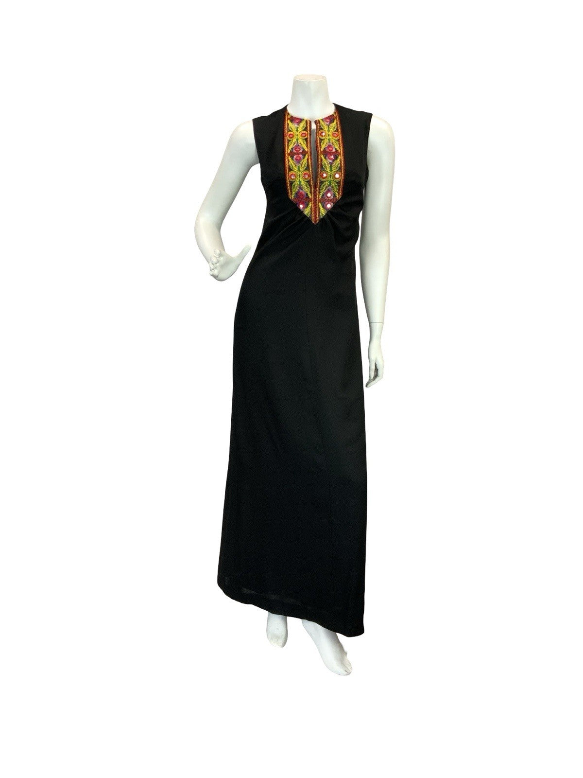 VTG 70S BOHO HIPPY BLACK CREPE MIRROR EMBROIDERY MAXI DRESS 10 12