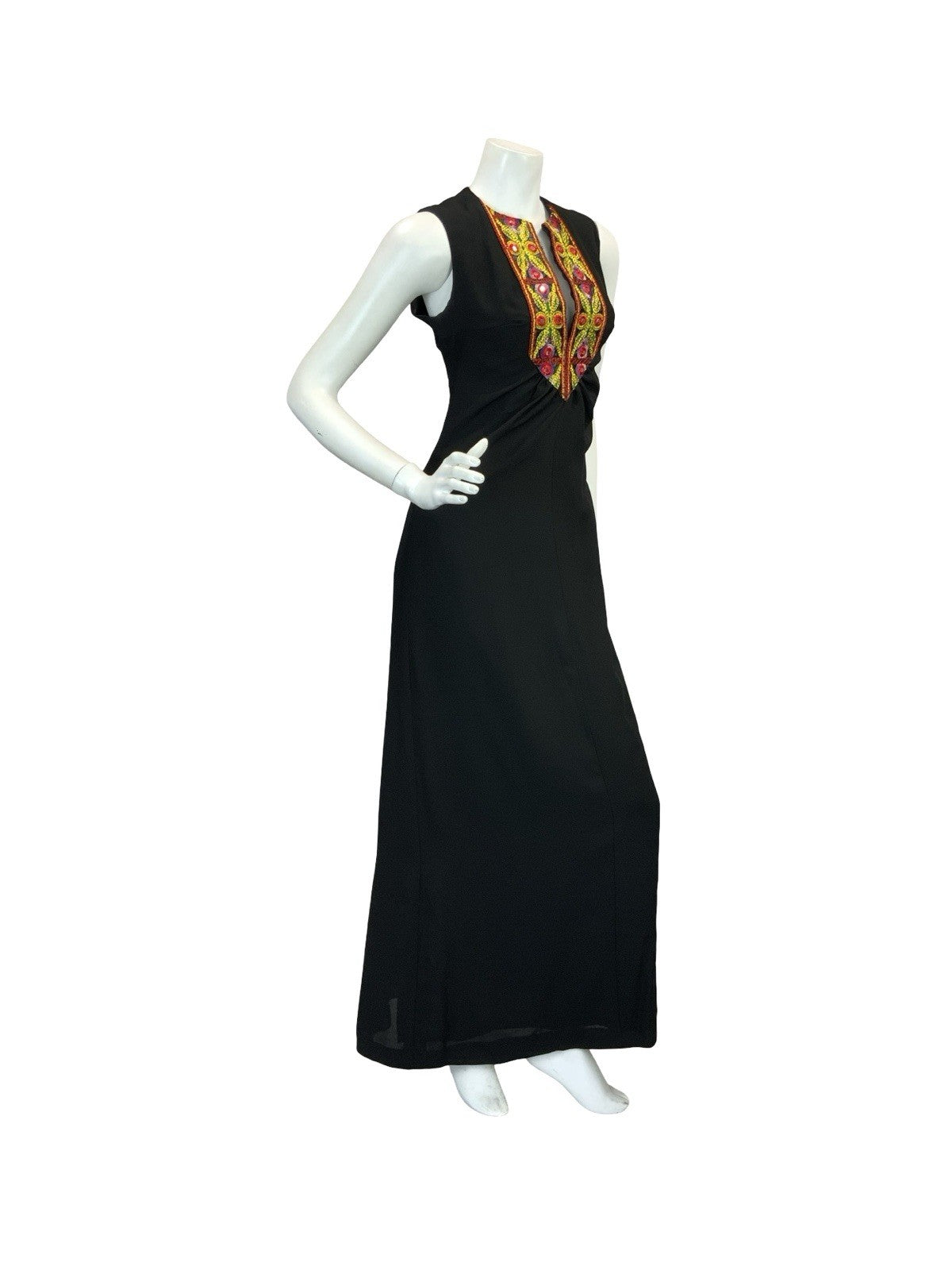 VTG 70S BOHO HIPPY BLACK CREPE MIRROR EMBROIDERY MAXI DRESS 10 12