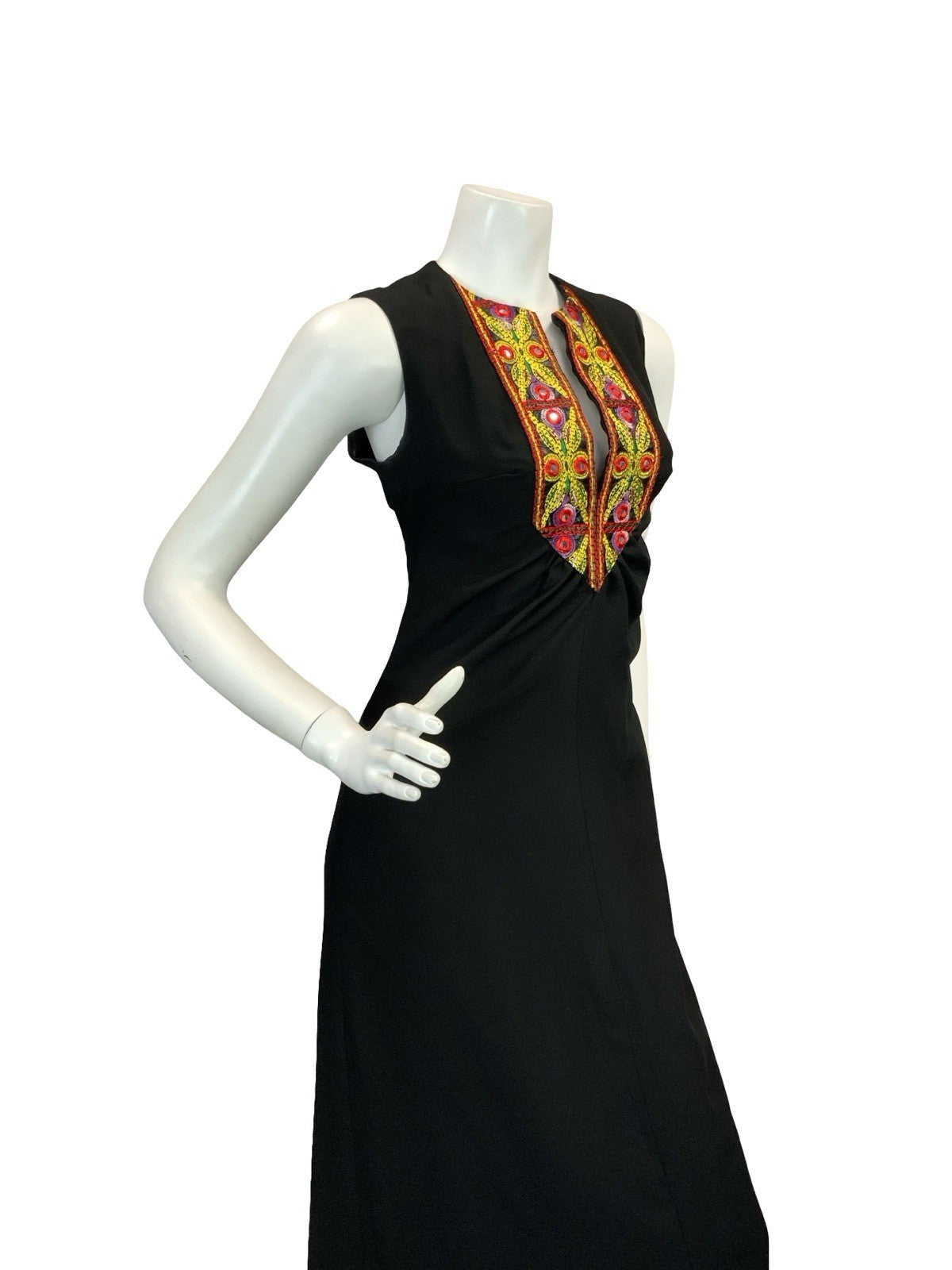 VTG 70S BOHO HIPPY BLACK CREPE MIRROR EMBROIDERY MAXI DRESS 10 12
