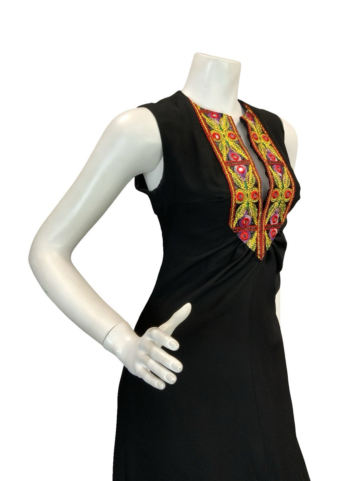 VTG 70S BOHO HIPPY BLACK CREPE MIRROR EMBROIDERY MAXI DRESS 10 12