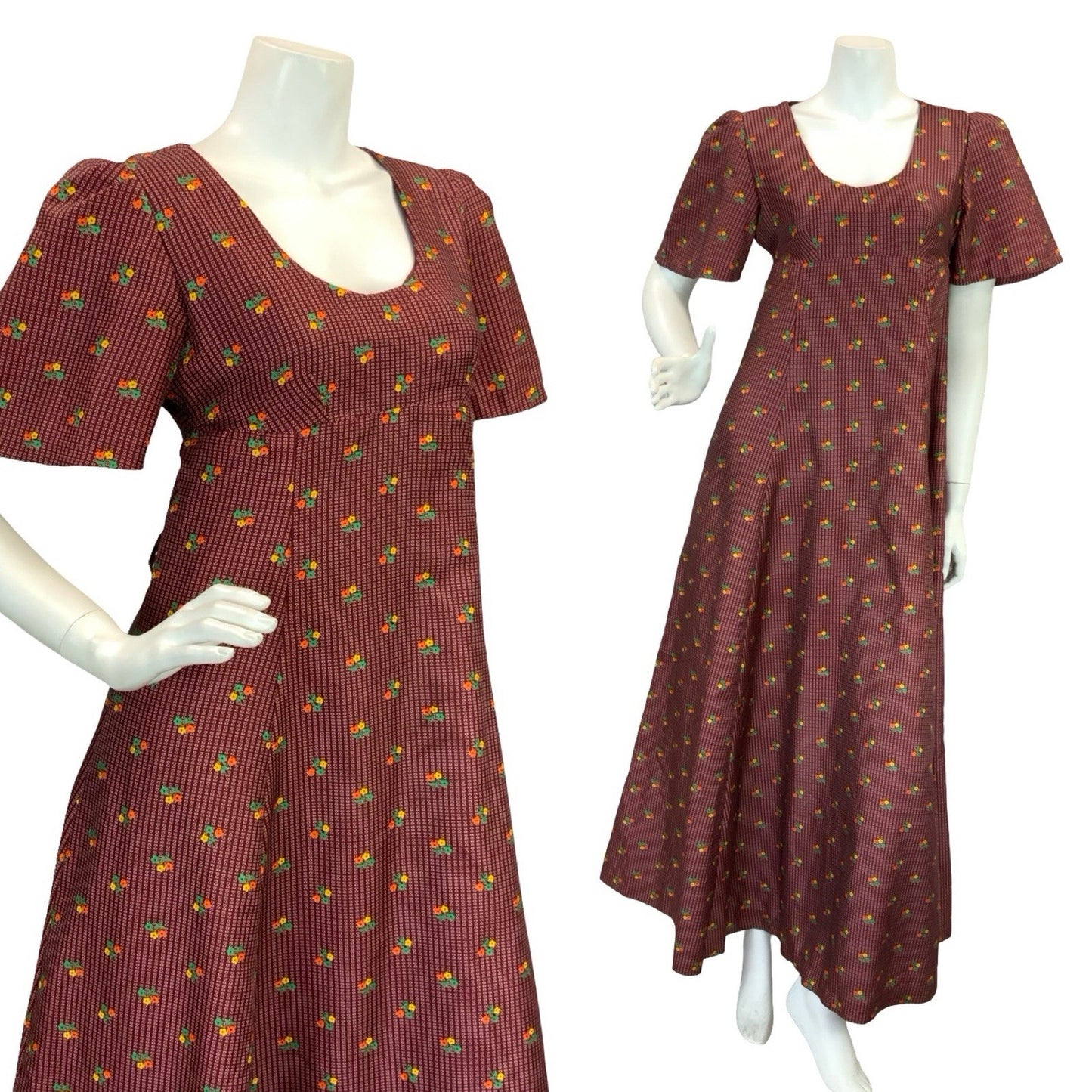 VTG 70S REGENCY EMPIRE FLORAL MAXI DRESS BURGUNDY ORANGE GREEN YELLOW 8 10