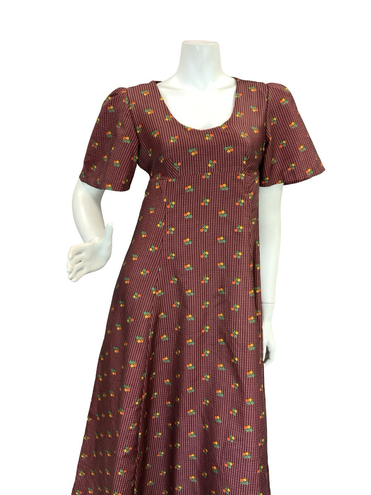 VTG 70S REGENCY EMPIRE FLORAL MAXI DRESS BURGUNDY ORANGE GREEN YELLOW 8 10