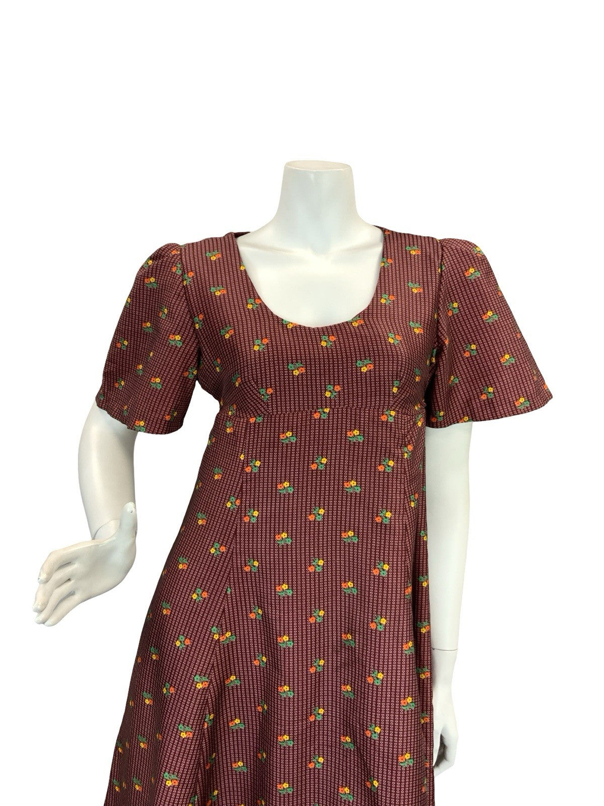 VTG 70S REGENCY EMPIRE FLORAL MAXI DRESS BURGUNDY ORANGE GREEN YELLOW 8 10