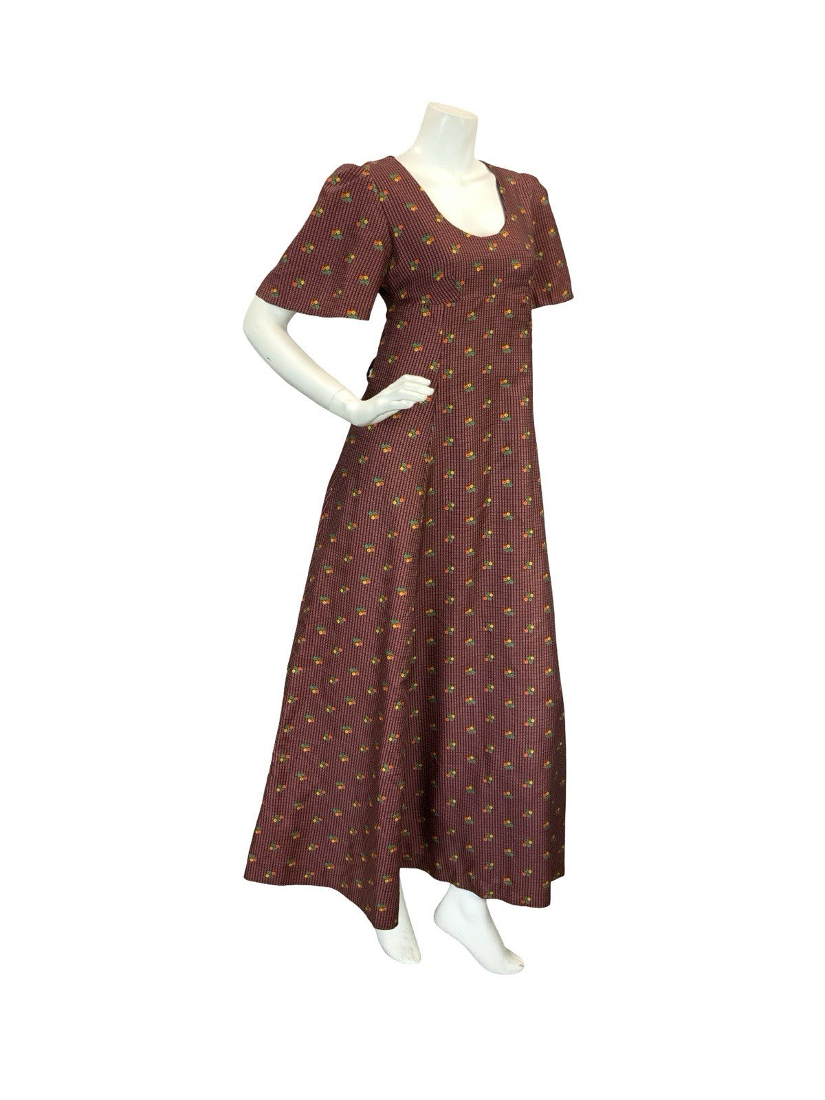 VTG 70S REGENCY EMPIRE FLORAL MAXI DRESS BURGUNDY ORANGE GREEN YELLOW 8 10