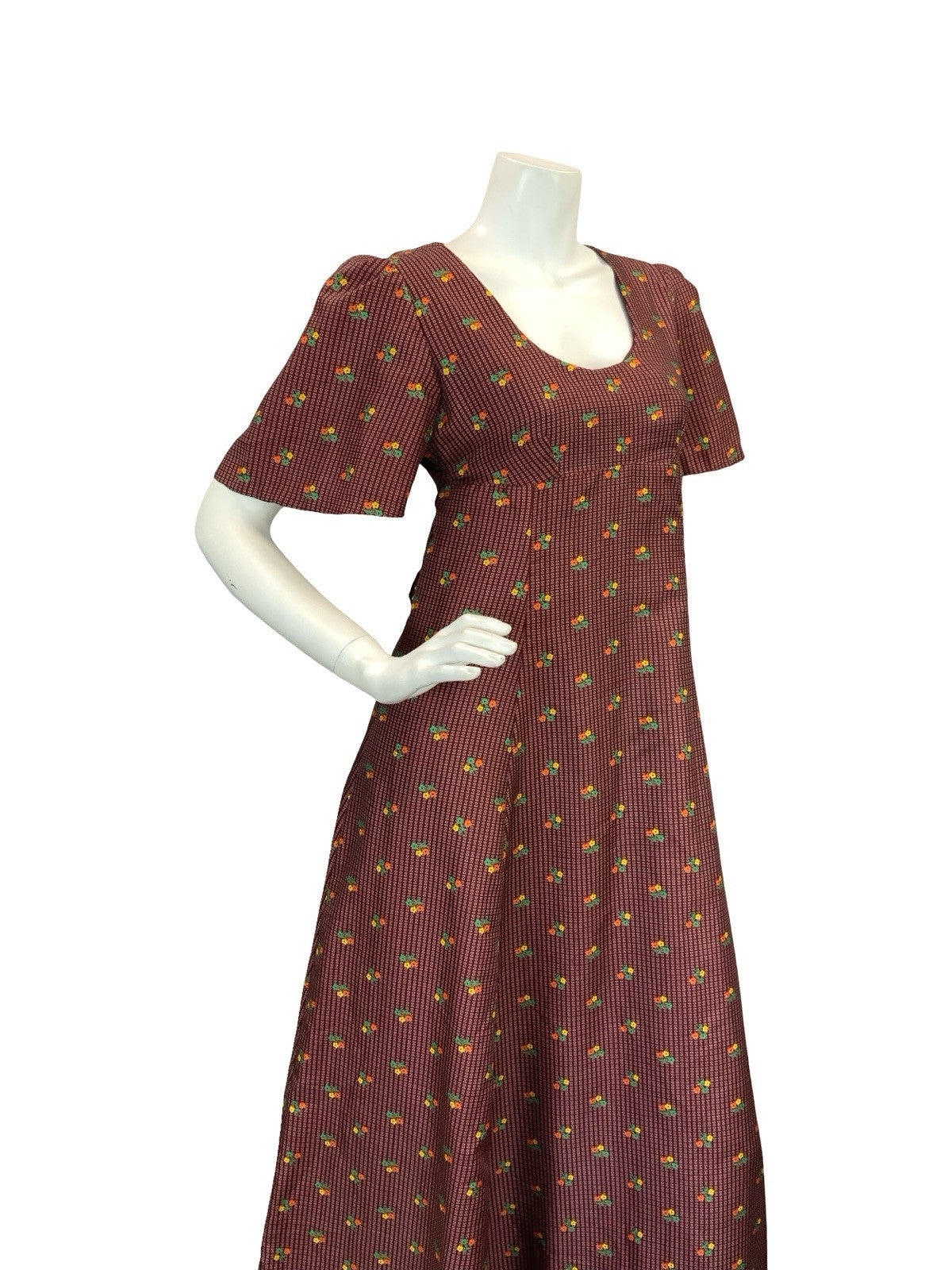 VTG 70S REGENCY EMPIRE FLORAL MAXI DRESS BURGUNDY ORANGE GREEN YELLOW 8 10