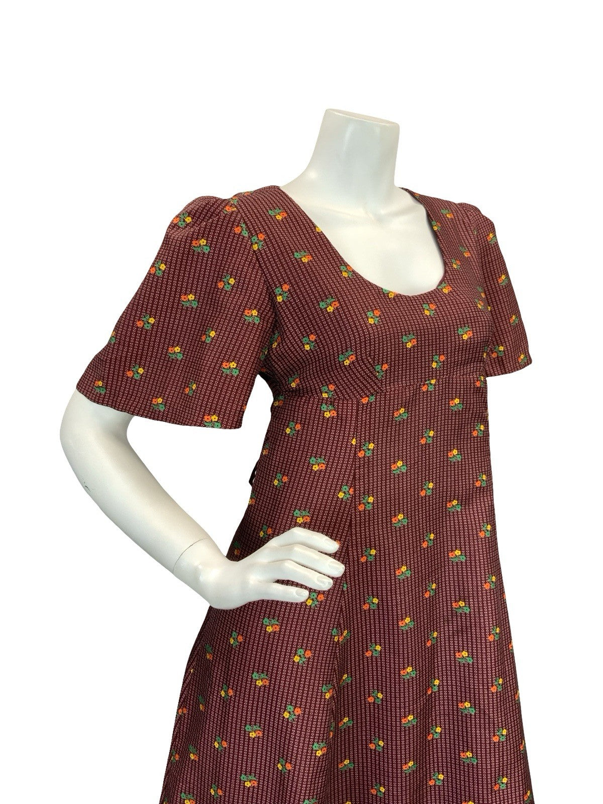 VTG 70S REGENCY EMPIRE FLORAL MAXI DRESS BURGUNDY ORANGE GREEN YELLOW 8 10