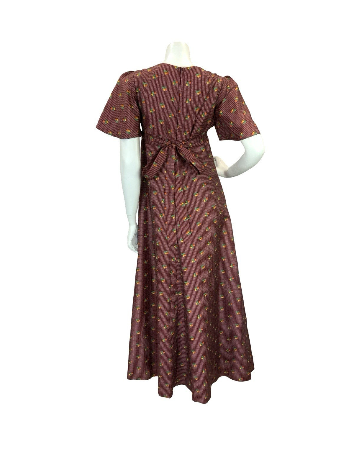 VTG 70S REGENCY EMPIRE FLORAL MAXI DRESS BURGUNDY ORANGE GREEN YELLOW 8 10