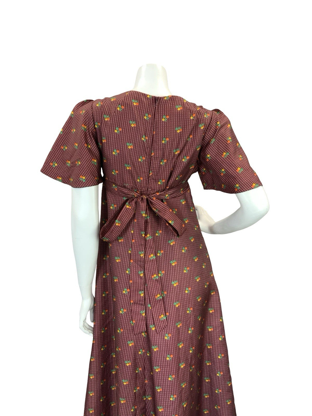 VTG 70S REGENCY EMPIRE FLORAL MAXI DRESS BURGUNDY ORANGE GREEN YELLOW 8 10