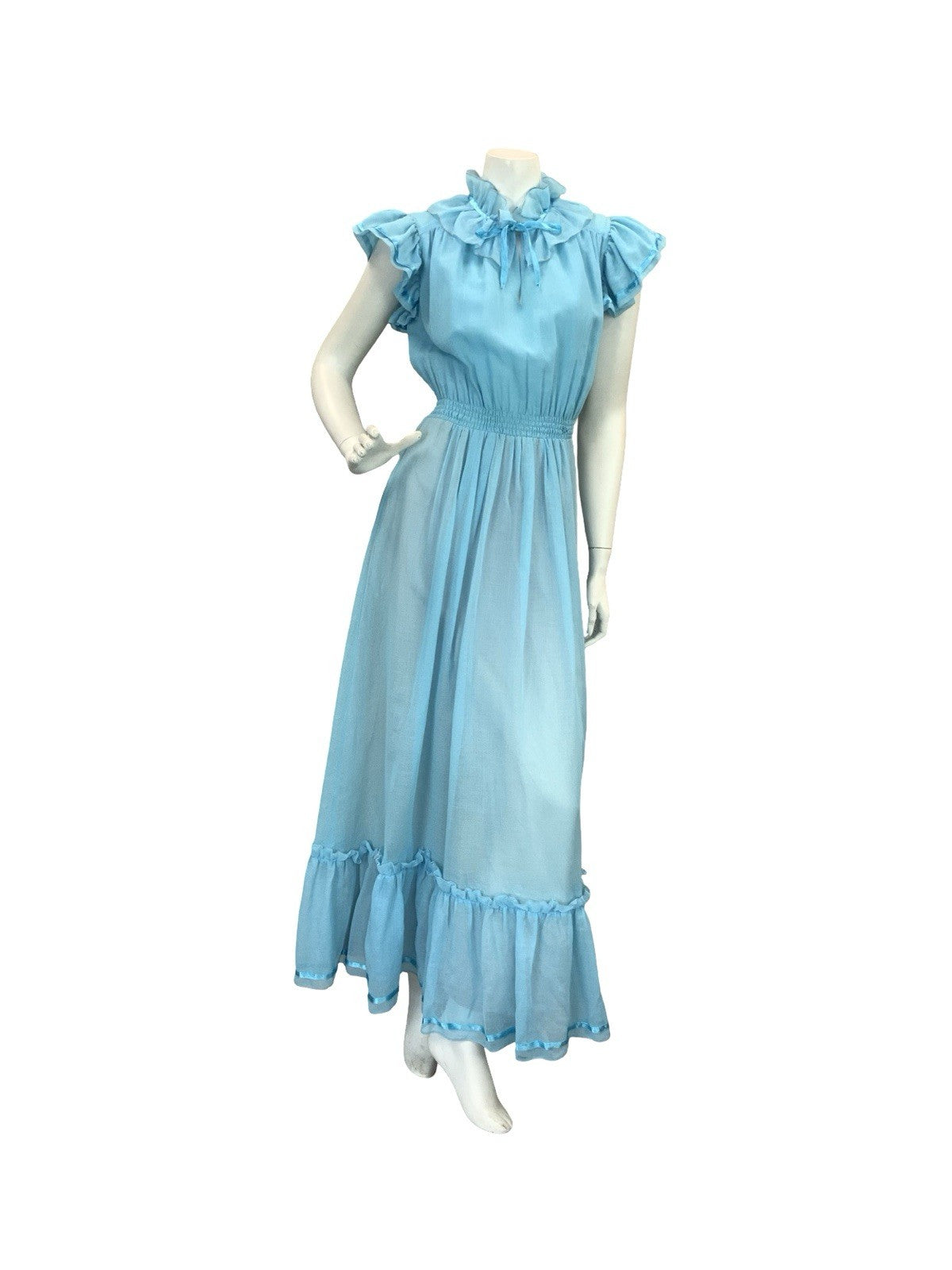 VTG 70S ROMANTIC BOHO PRAIRIE RUFFLE MAXI DRESS BLUE 8 10 12