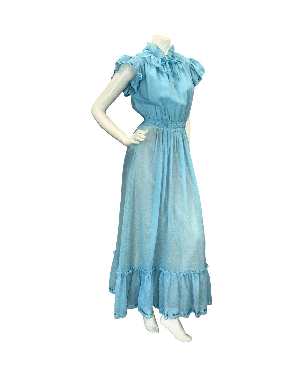 VTG 70S ROMANTIC BOHO PRAIRIE RUFFLE MAXI DRESS BLUE 8 10 12