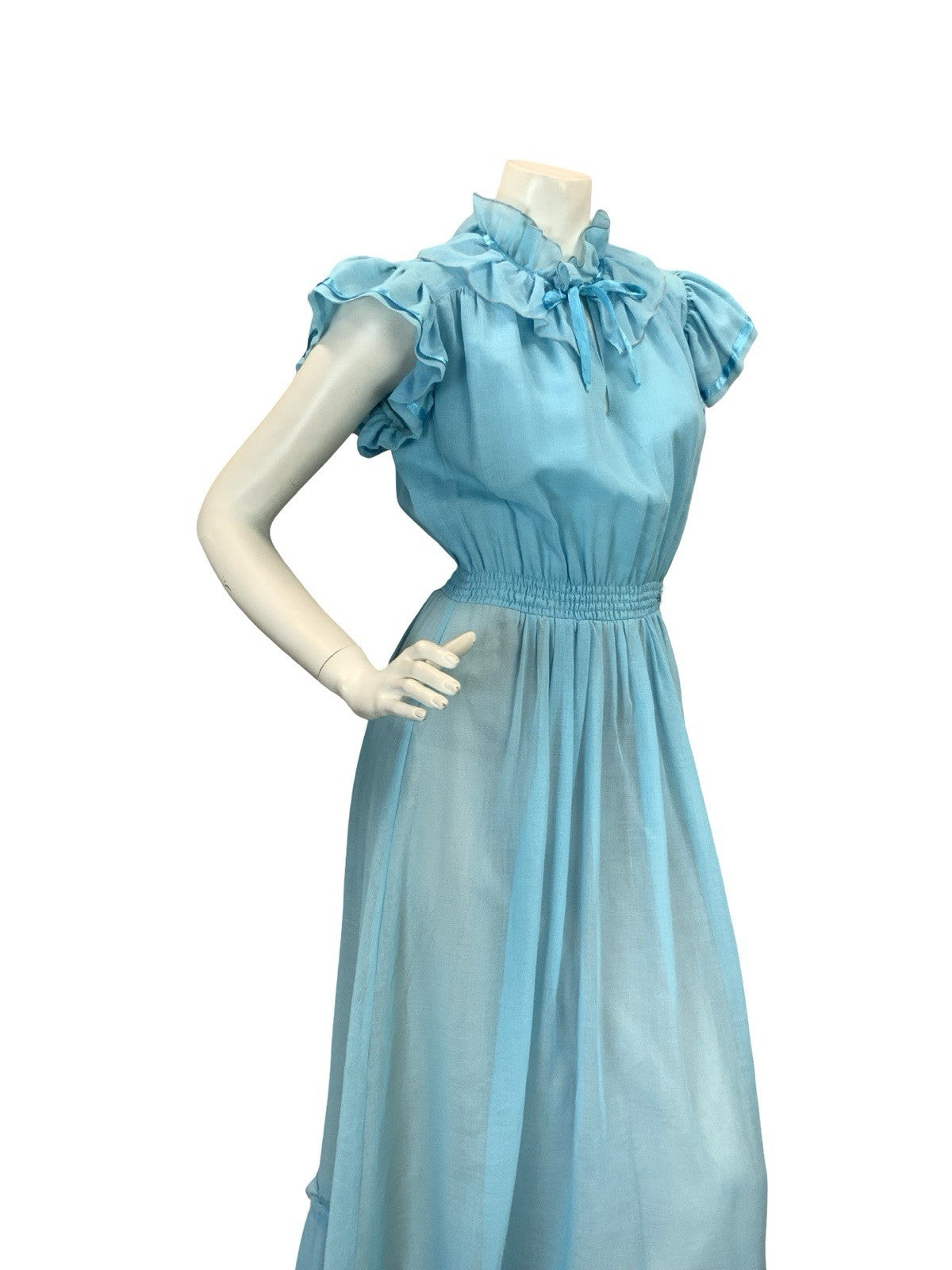 VTG 70S ROMANTIC BOHO PRAIRIE RUFFLE MAXI DRESS BLUE 8 10 12