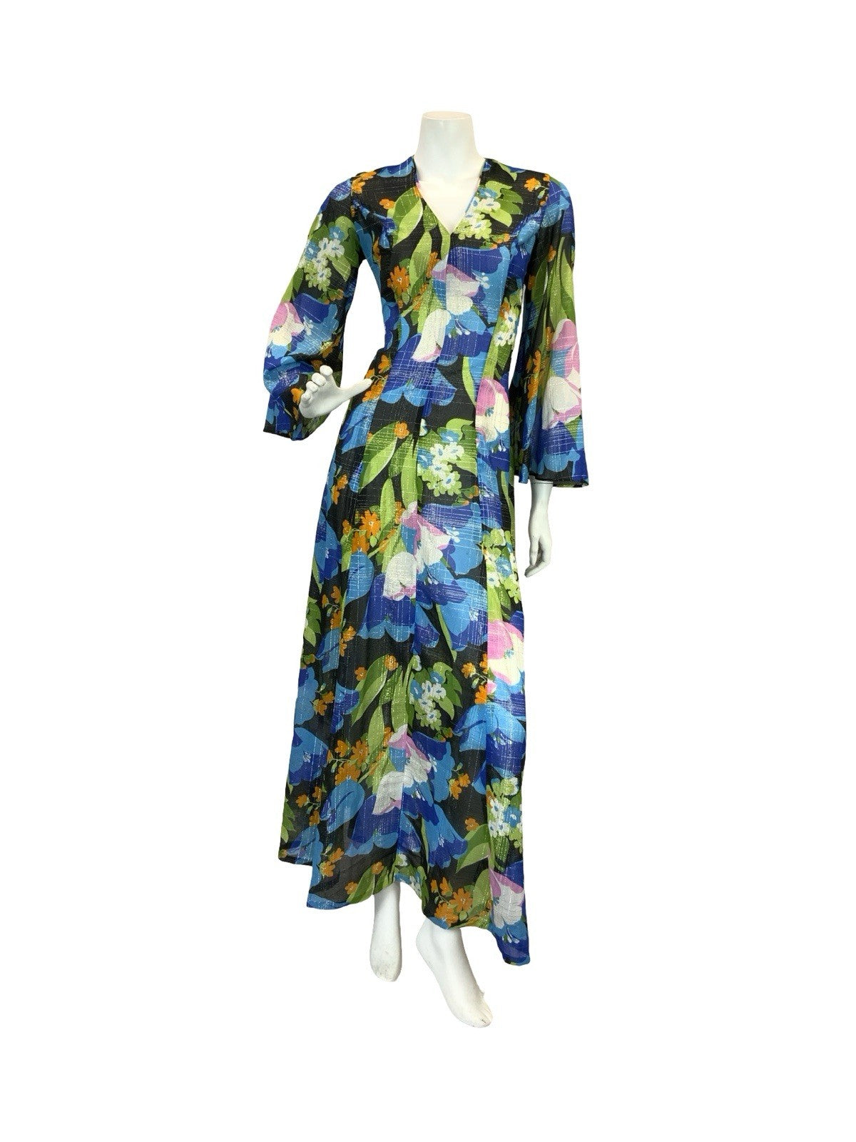 VTG 70S SHEER FLORAL PSYCHEDELIC KAFTAN MAXI DRESS BLUE PINK ORANGE GOLD 10