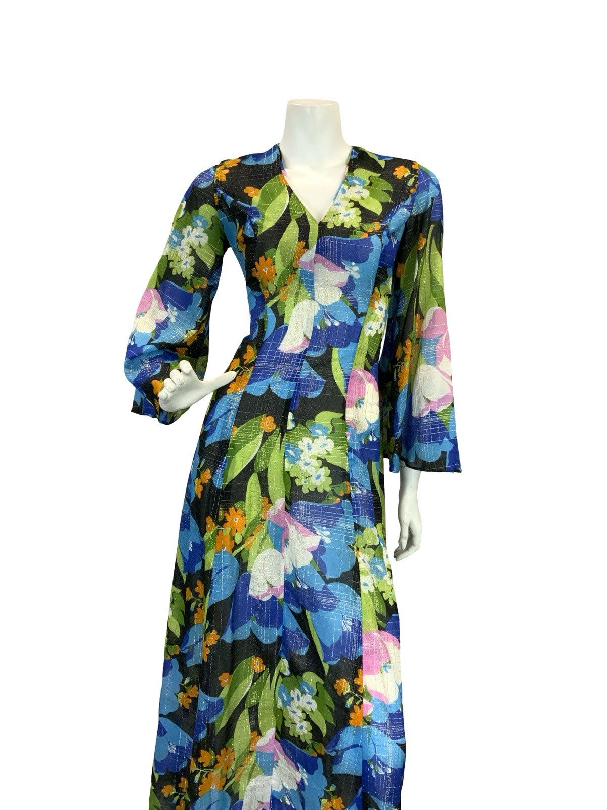 VTG 70S SHEER FLORAL PSYCHEDELIC KAFTAN MAXI DRESS BLUE PINK ORANGE GOLD 10