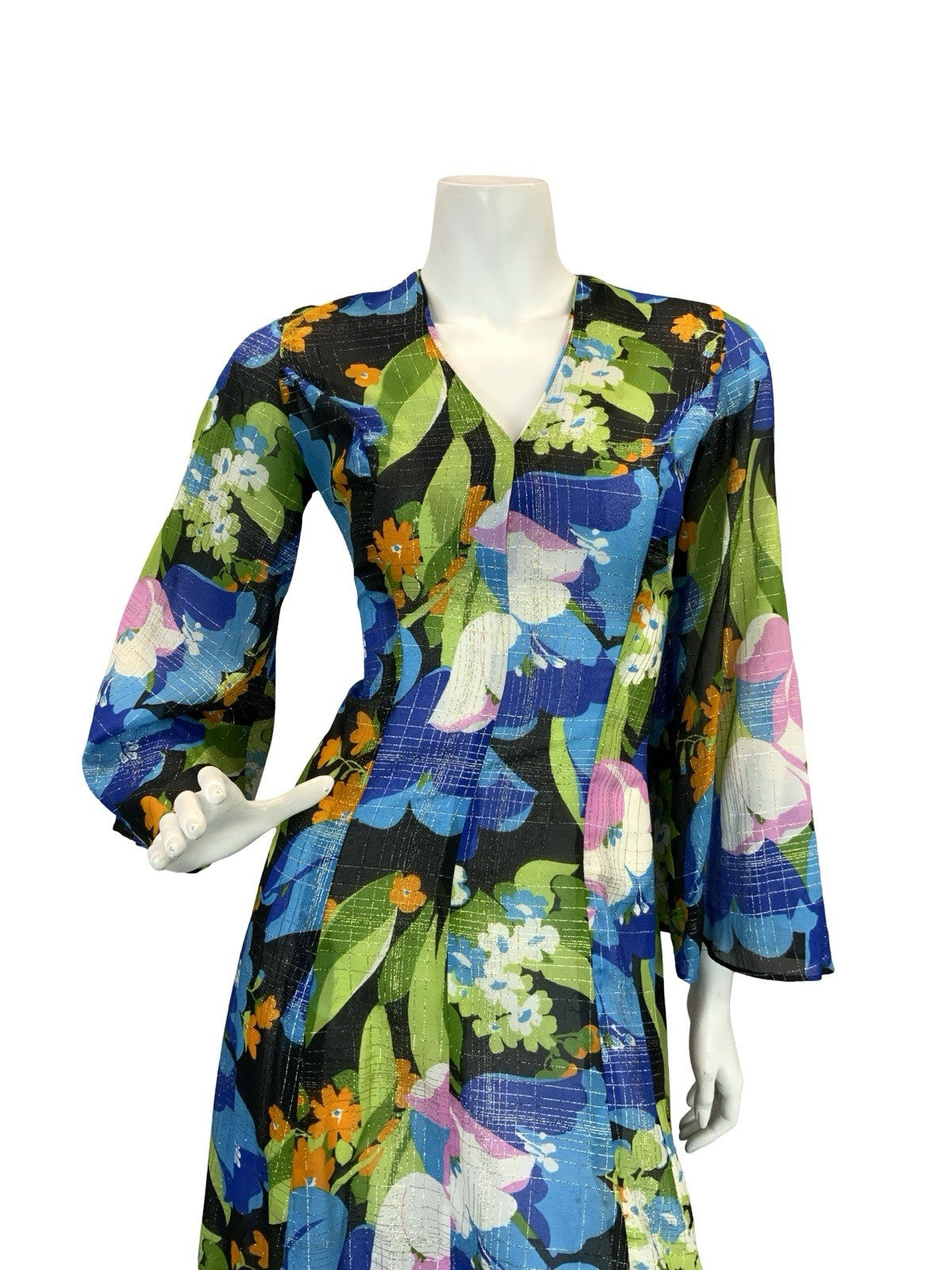 VTG 70S SHEER FLORAL PSYCHEDELIC KAFTAN MAXI DRESS BLUE PINK ORANGE GOLD 10