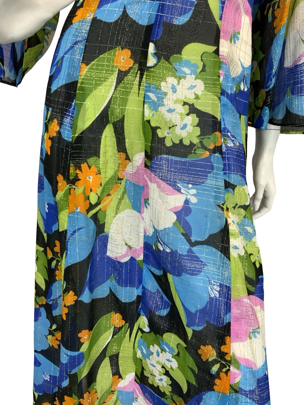 VTG 70S SHEER FLORAL PSYCHEDELIC KAFTAN MAXI DRESS BLUE PINK ORANGE GOLD 10
