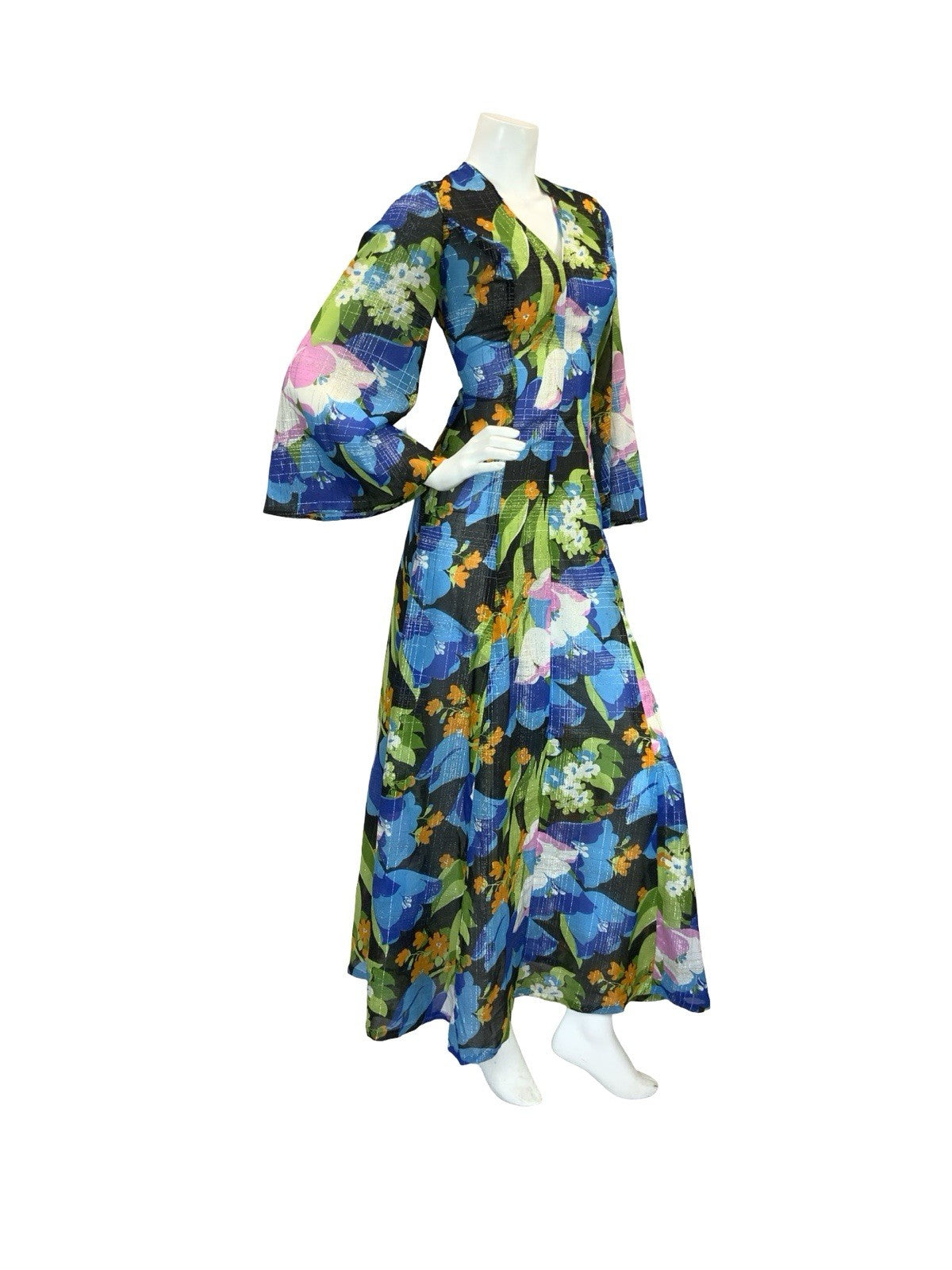 VTG 70S SHEER FLORAL PSYCHEDELIC KAFTAN MAXI DRESS BLUE PINK ORANGE GOLD 10
