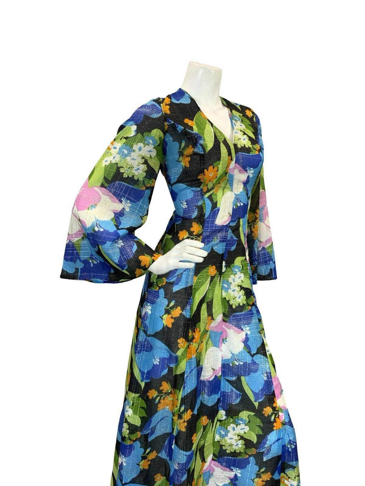 VTG 70S SHEER FLORAL PSYCHEDELIC KAFTAN MAXI DRESS BLUE PINK ORANGE GOLD 10