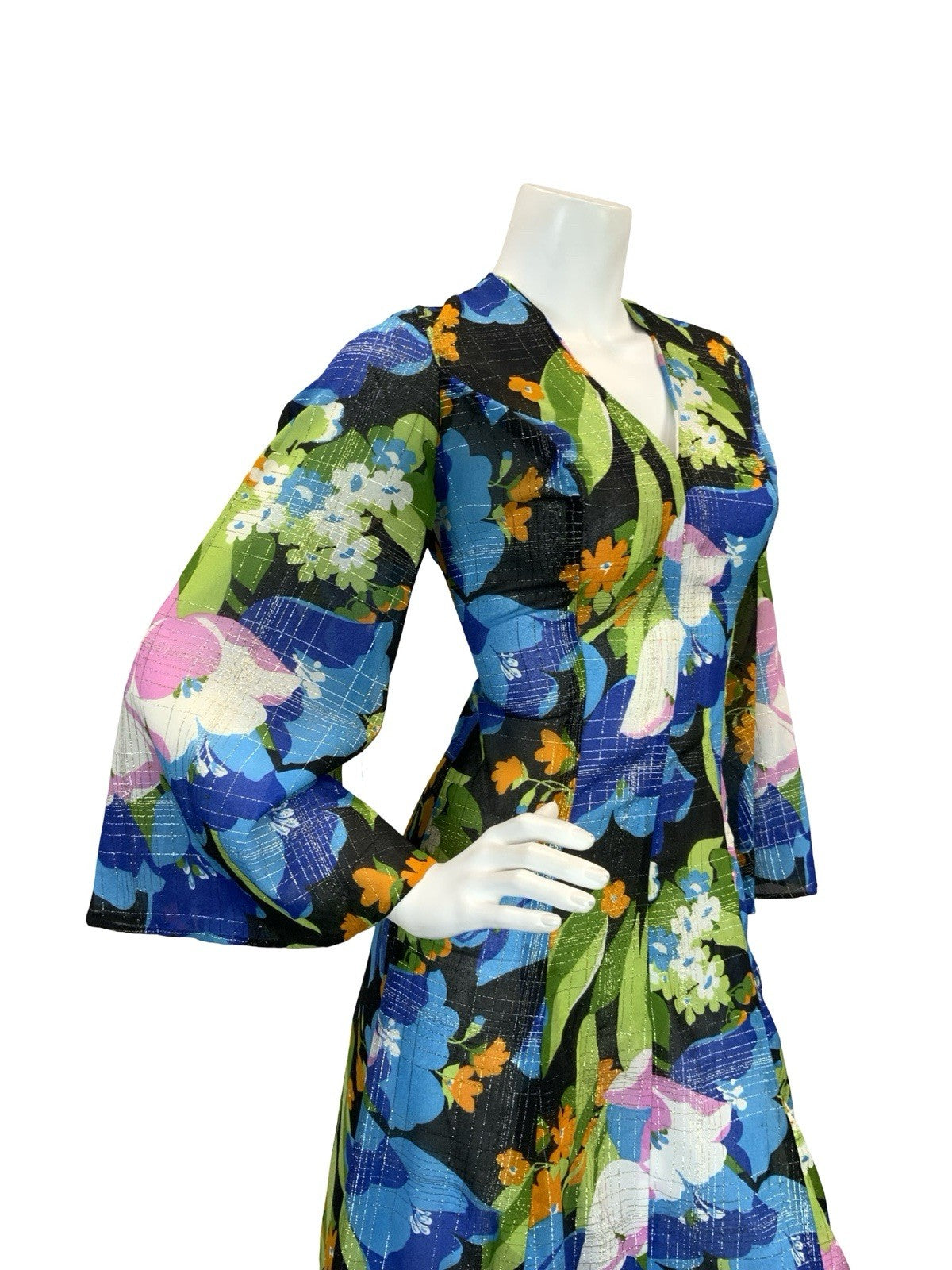 VTG 70S SHEER FLORAL PSYCHEDELIC KAFTAN MAXI DRESS BLUE PINK ORANGE GOLD 10
