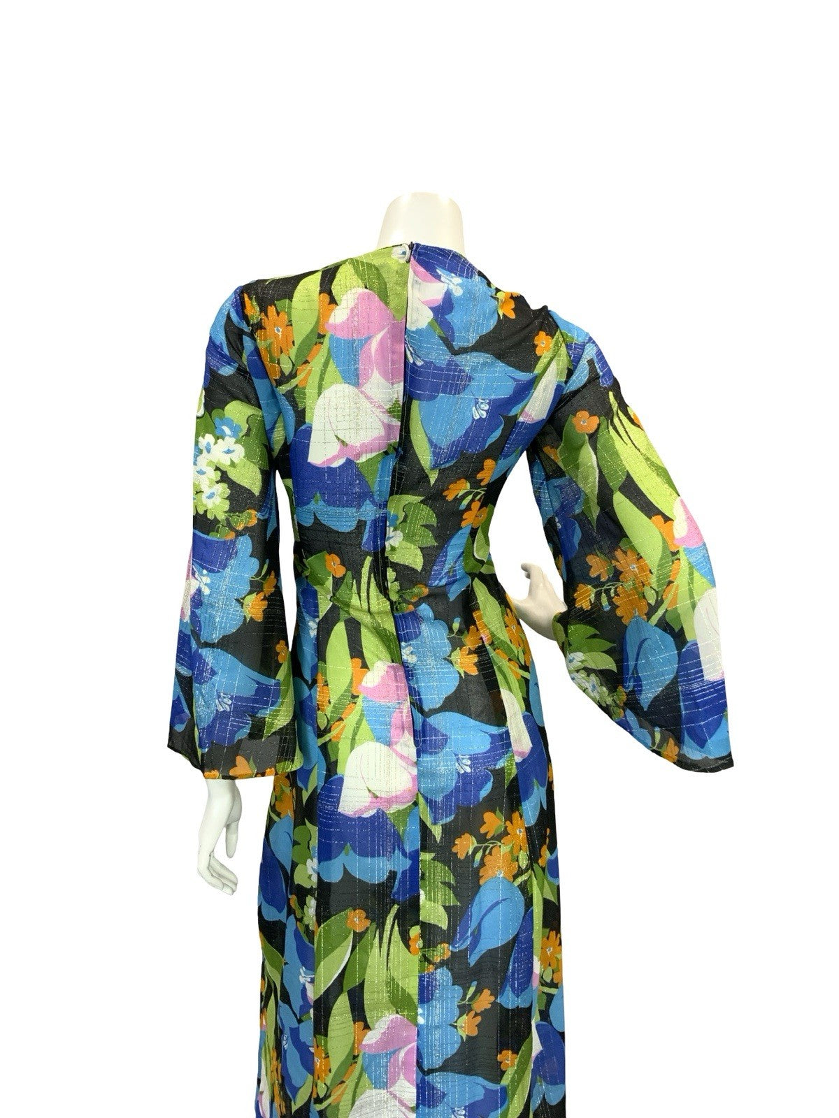 VTG 70S SHEER FLORAL PSYCHEDELIC KAFTAN MAXI DRESS BLUE PINK ORANGE GOLD 10