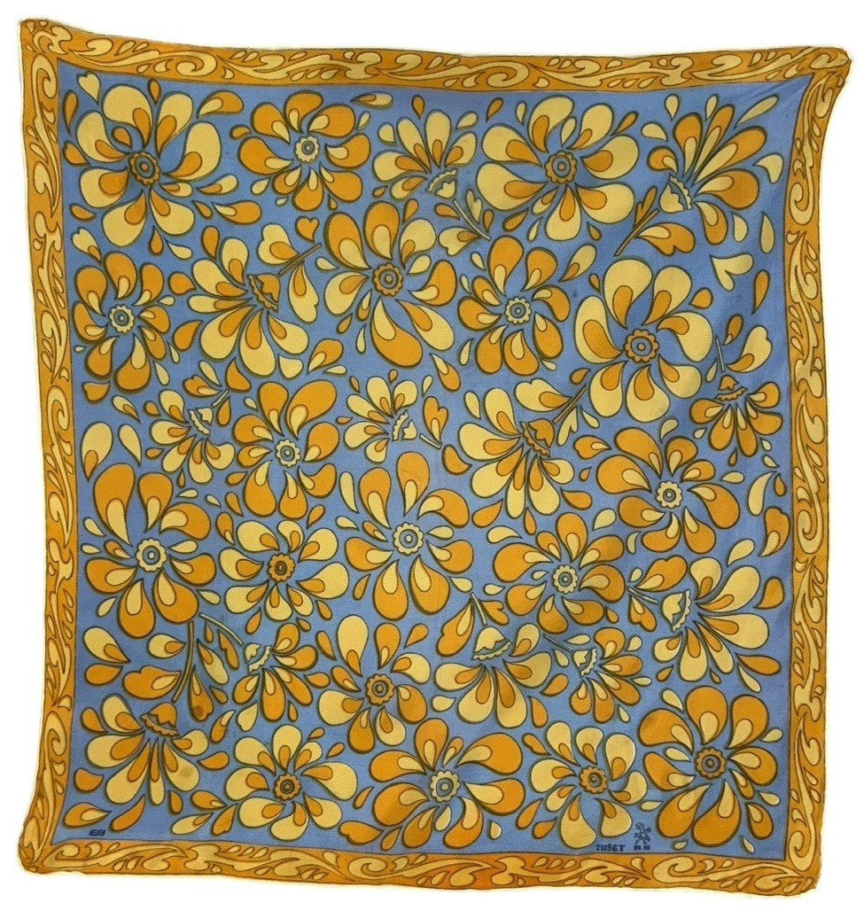 VTG 60S 70S BLUE GOLD BEIGE PSYCHEDELIC FLOWER TILE PRINT SCARF