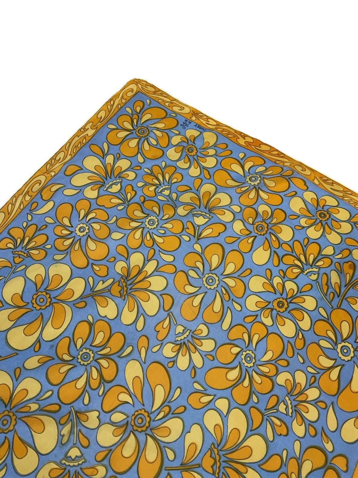 VTG 60S 70S BLUE GOLD BEIGE PSYCHEDELIC FLOWER TILE PRINT SCARF