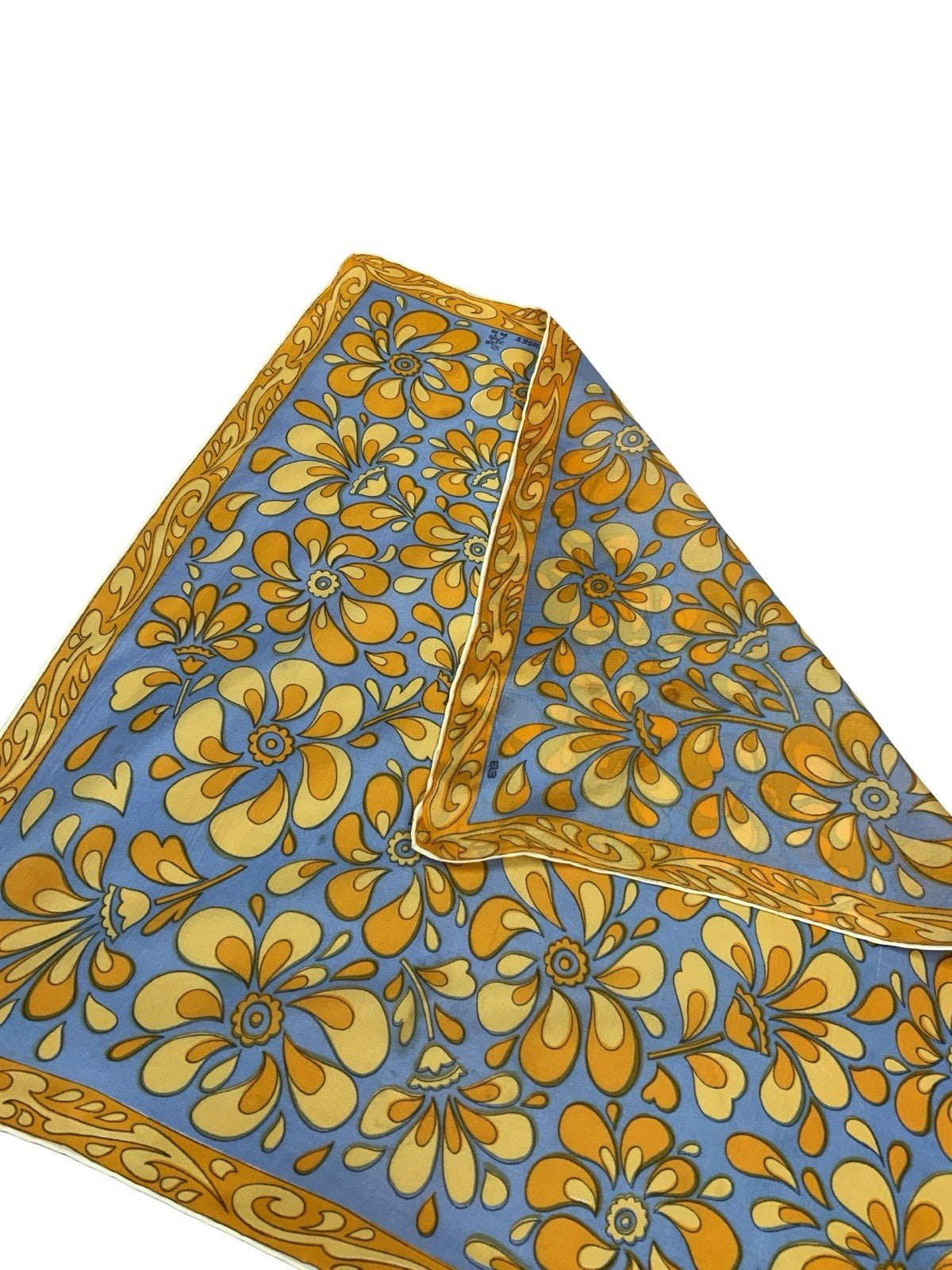 VTG 60S 70S BLUE GOLD BEIGE PSYCHEDELIC FLOWER TILE PRINT SCARF