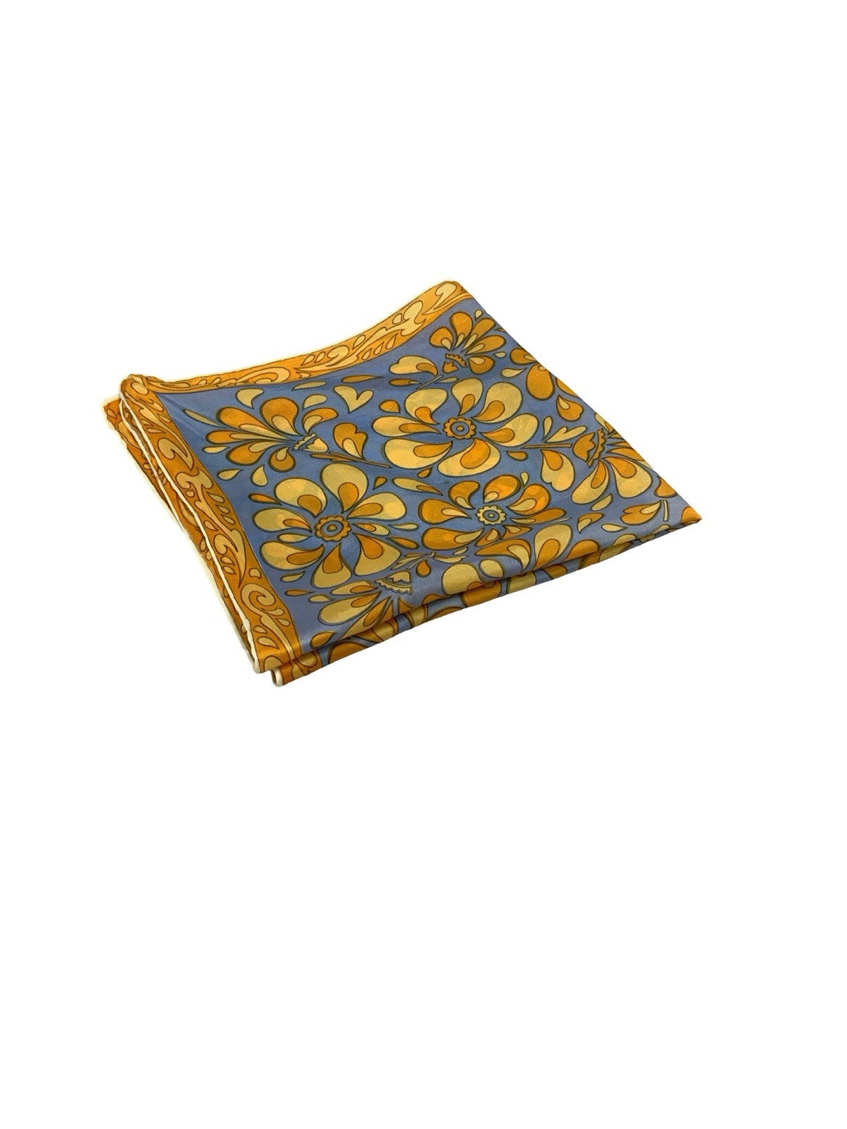 VTG 60S 70S BLUE GOLD BEIGE PSYCHEDELIC FLOWER TILE PRINT SCARF