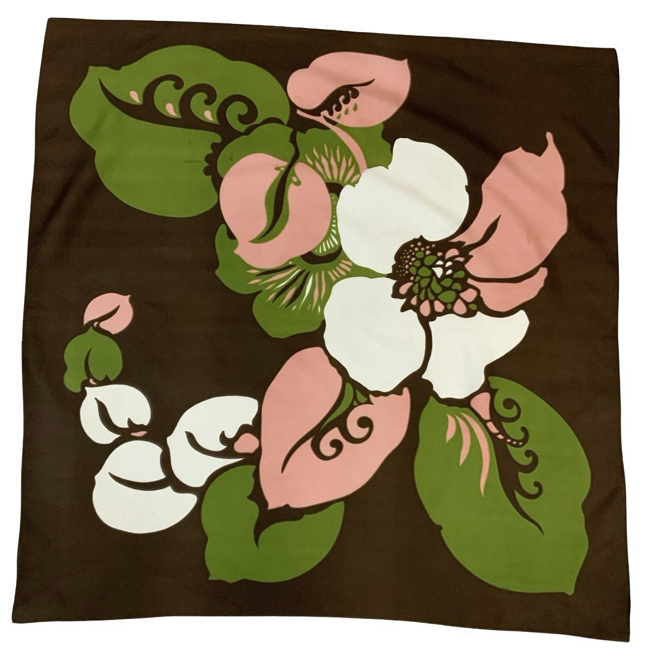 VTG 60S 70S BROWN PINK WHITE GREEN FLORAL FLOWER SCARF