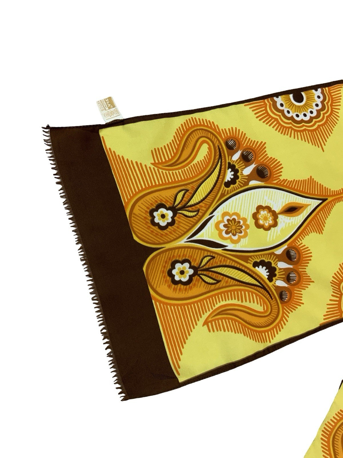 VTG 60S 70S YELLOW WHITE ORANGE BLACK PSYCHEDELIC PAISLEY FRINGE SCARF