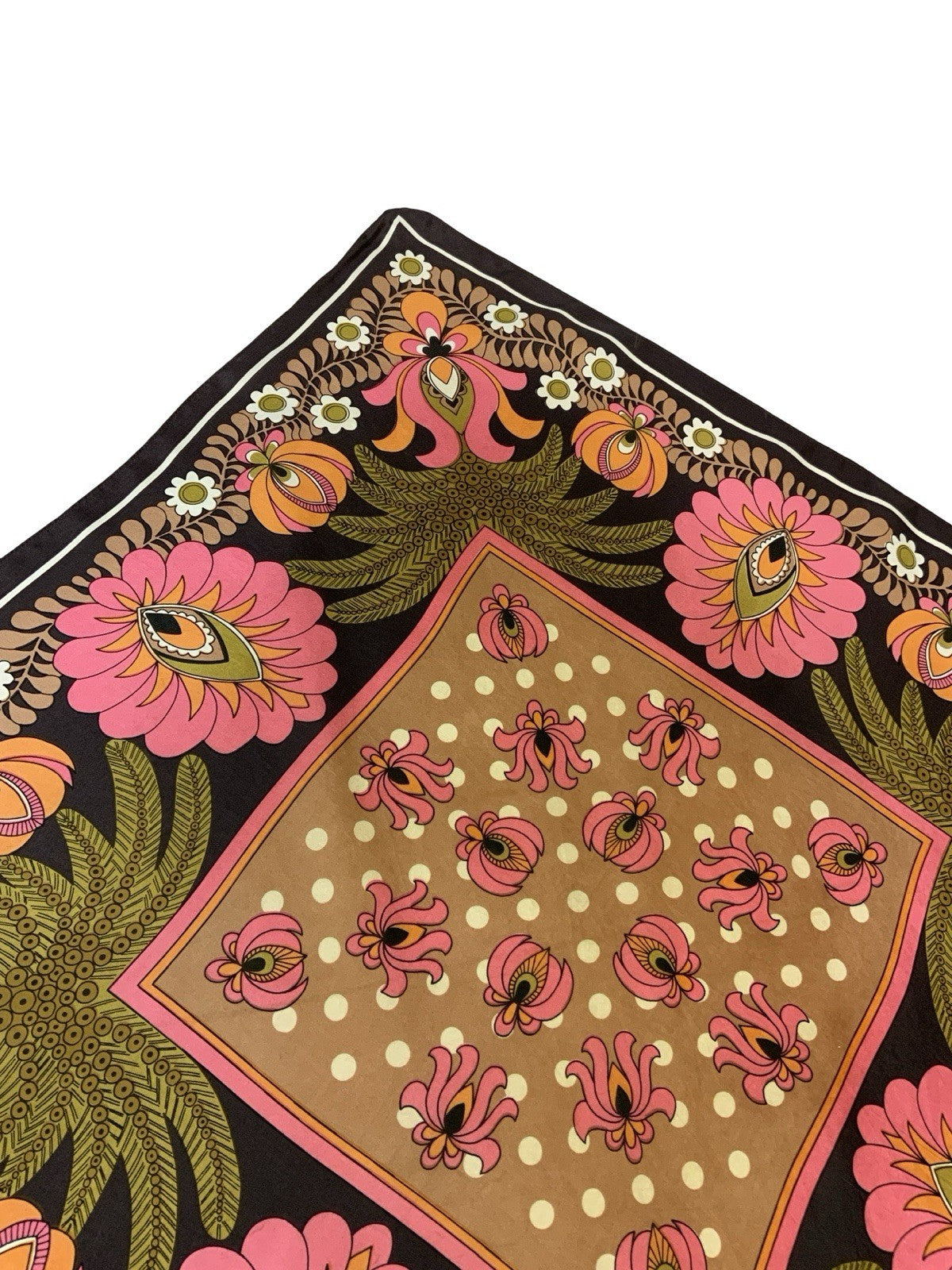 VTG 60S 70S GREEN PINK ORANGE BROWN PSYCHEDELIC FLORAL PALM TREE DAISY SCARF