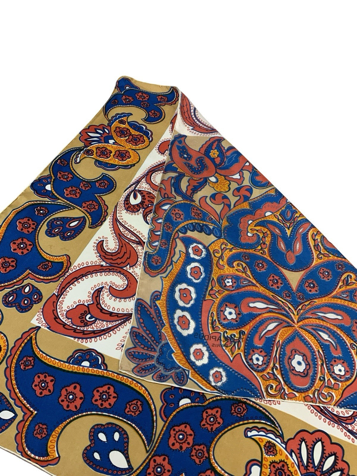 VTG 60S 70S BLUE BEIGE CREAM YELLOW PSYCHEDELIC BORDER FLORAL PAISLEY SCARF