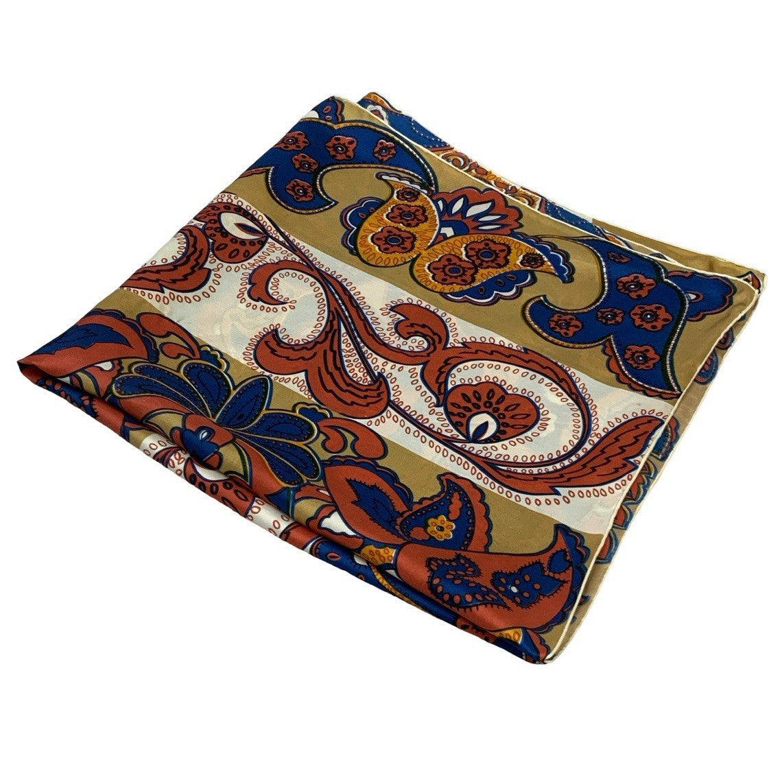 VTG 60S 70S BLUE BEIGE CREAM YELLOW PSYCHEDELIC BORDER FLORAL PAISLEY SCARF