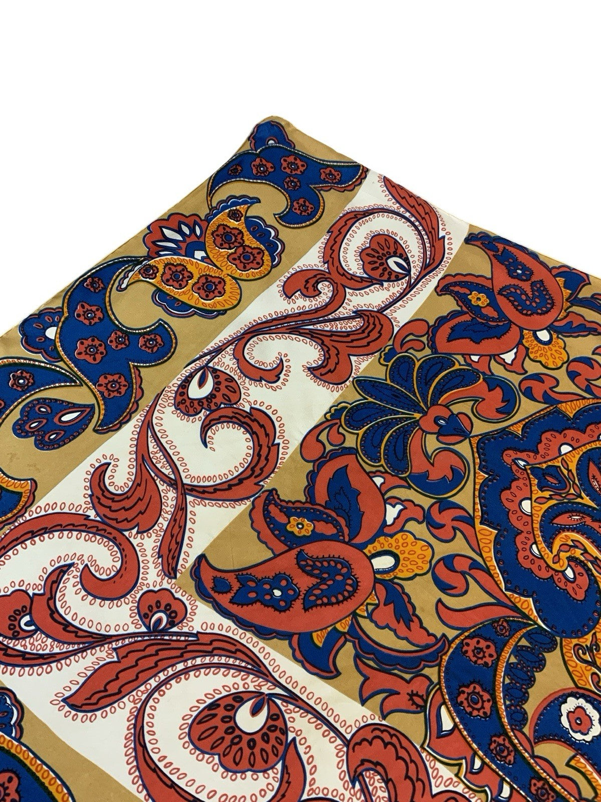 VTG 60S 70S BLUE BEIGE CREAM YELLOW PSYCHEDELIC BORDER FLORAL PAISLEY SCARF