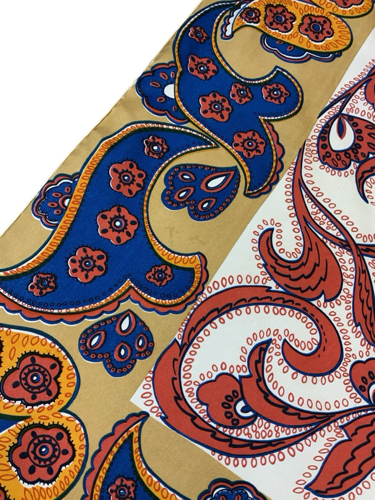 VTG 60S 70S BLUE BEIGE CREAM YELLOW PSYCHEDELIC BORDER FLORAL PAISLEY SCARF