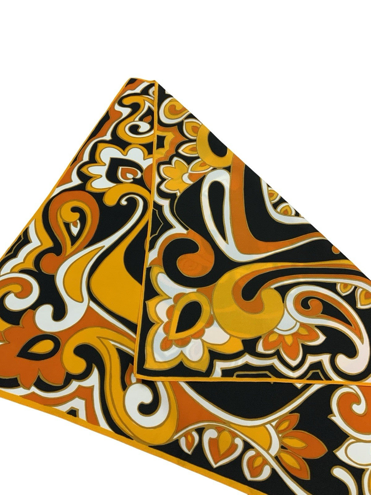 VTG 60S 70S YELLOW ORANGE BLACK PSYCHEDELIC SWIRLING PAISLEY SCARF