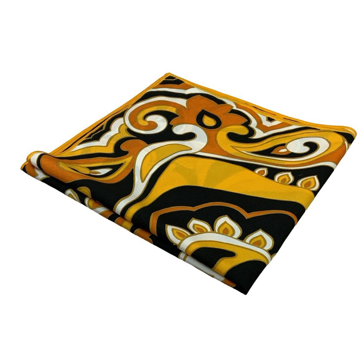VTG 60S 70S YELLOW ORANGE BLACK PSYCHEDELIC SWIRLING PAISLEY SCARF